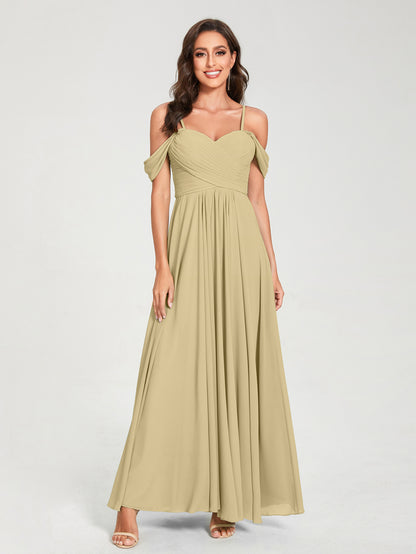 Forme Princesse Mousseline de soie Bretelles spaghetti Manches courtes Longueur ras du sol avec Plissé Robes de demoiselle d'honneur