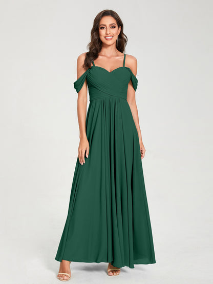 Forme Princesse Mousseline de soie Bretelles spaghetti Manches courtes Longueur ras du sol avec Plissé Robes de demoiselle d'honneur