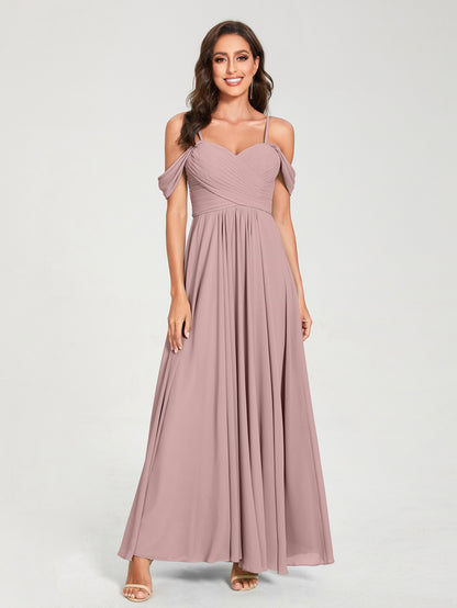 Forme Princesse Mousseline de soie Bretelles spaghetti Manches courtes Longueur ras du sol avec Plissé Robes de demoiselle d'honneur