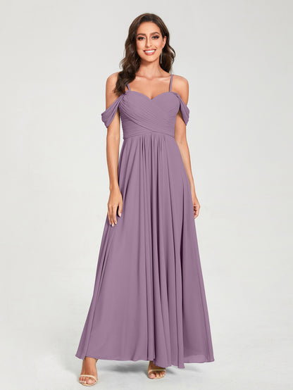 Forme Princesse Mousseline de soie Bretelles spaghetti Manches courtes Longueur ras du sol avec Plissé Robes de demoiselle d'honneur