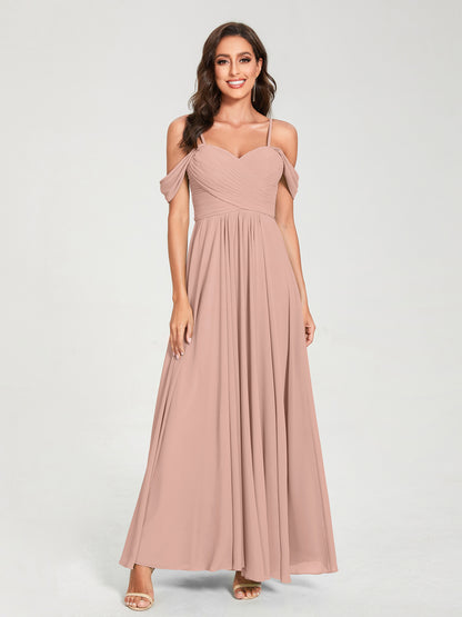 Forme Princesse Mousseline de soie Bretelles spaghetti Manches courtes Longueur ras du sol avec Plissé Robes de demoiselle d'honneur