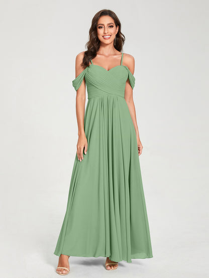 Forme Princesse Mousseline de soie Bretelles spaghetti Manches courtes Longueur ras du sol avec Plissé Robes de demoiselle d'honneur
