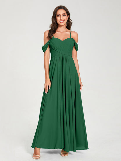 Forme Princesse Mousseline de soie Bretelles spaghetti Manches courtes Longueur ras du sol avec Plissé Robes de demoiselle d'honneur