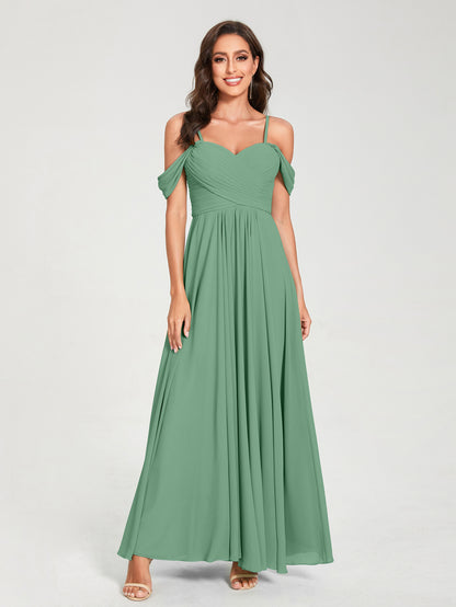 Forme Princesse Mousseline de soie Bretelles spaghetti Manches courtes Longueur ras du sol avec Plissé Robes de demoiselle d'honneur