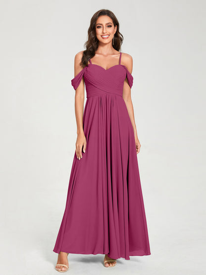 Forme Princesse Mousseline de soie Bretelles spaghetti Manches courtes Longueur ras du sol avec Plissé Robes de demoiselle d'honneur