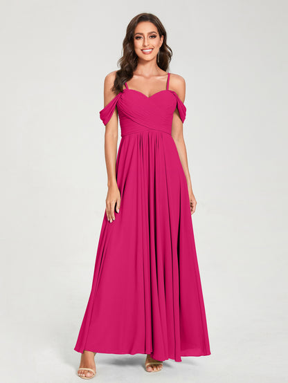 Forme Princesse Mousseline de soie Bretelles spaghetti Manches courtes Longueur ras du sol avec Plissé Robes de demoiselle d'honneur