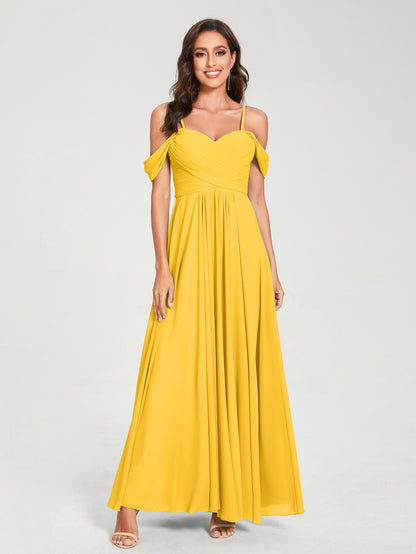 Forme Princesse Mousseline de soie Bretelles spaghetti Manches courtes Longueur ras du sol avec Plissé Robes de demoiselle d'honneur
