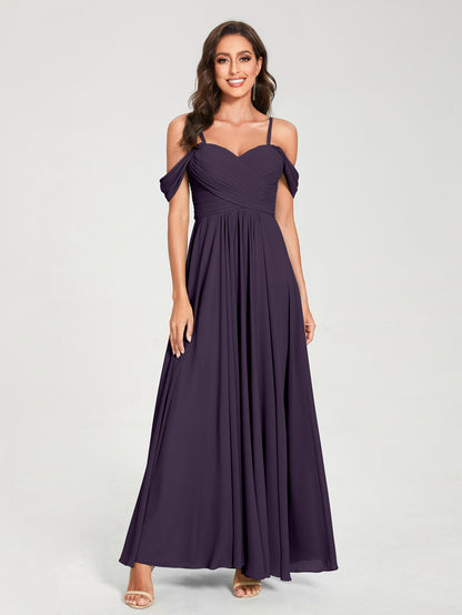 Forme Princesse Mousseline de soie Bretelles spaghetti Manches courtes Longueur ras du sol avec Plissé Robes de demoiselle d'honneur
