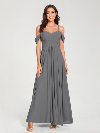 Forme Princesse Mousseline de soie Bretelles spaghetti Manches courtes Longueur ras du sol avec Plissé Robes de demoiselle d'honneur