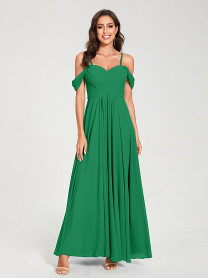 Forme Princesse Mousseline de soie Bretelles spaghetti Manches courtes Longueur ras du sol avec Plissé Robes de demoiselle d'honneur