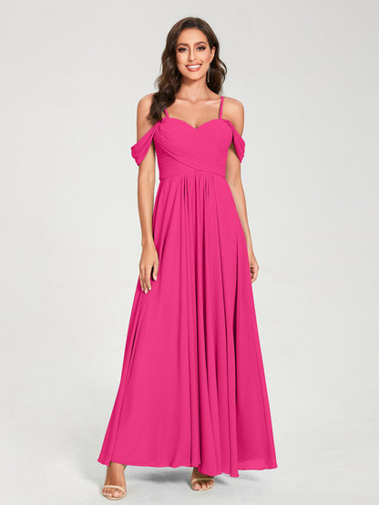Forme Princesse Mousseline de soie Bretelles spaghetti Manches courtes Longueur ras du sol avec Plissé Robes de demoiselle d'honneur