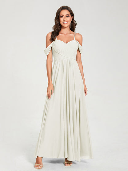 Forme Princesse Mousseline de soie Bretelles spaghetti Manches courtes Longueur ras du sol avec Plissé Robes de demoiselle d'honneur
