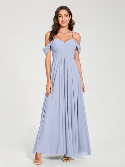 Forme Princesse Mousseline de soie Bretelles spaghetti Manches courtes Longueur ras du sol avec Plissé Robes de demoiselle d'honneur