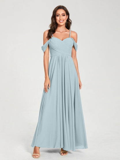 Forme Princesse Mousseline de soie Bretelles spaghetti Manches courtes Longueur ras du sol avec Plissé Robes de demoiselle d'honneur