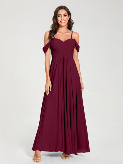 Forme Princesse Mousseline de soie Bretelles spaghetti Manches courtes Longueur ras du sol avec Plissé Robes de demoiselle d'honneur