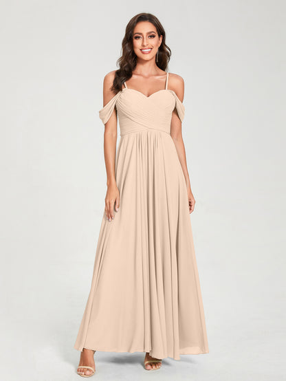 Forme Princesse Mousseline de soie Bretelles spaghetti Manches courtes Longueur ras du sol avec Plissé Robes de demoiselle d'honneur