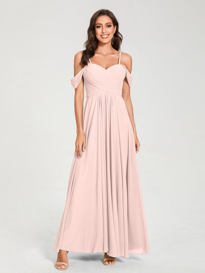 Forme Princesse Mousseline de soie Bretelles spaghetti Manches courtes Longueur ras du sol avec Plissé Robes de demoiselle d'honneur