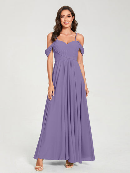 Forme Princesse Mousseline de soie Bretelles spaghetti Manches courtes Longueur ras du sol avec Plissé Robes de demoiselle d'honneur