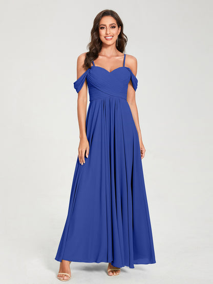 Forme Princesse Mousseline de soie Bretelles spaghetti Manches courtes Longueur ras du sol avec Plissé Robes de demoiselle d'honneur