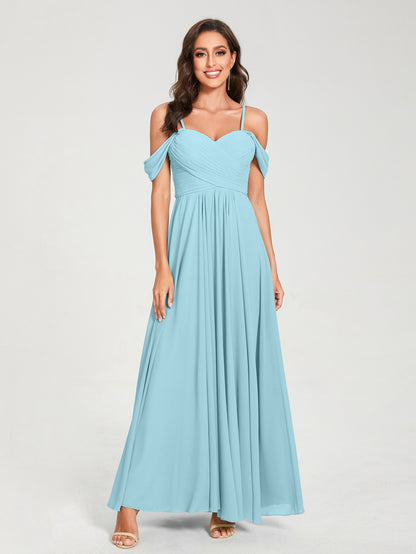 Forme Princesse Mousseline de soie Bretelles spaghetti Manches courtes Longueur ras du sol avec Plissé Robes de demoiselle d'honneur