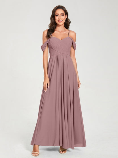 Forme Princesse Mousseline de soie Bretelles spaghetti Manches courtes Longueur ras du sol avec Plissé Robes de demoiselle d'honneur
