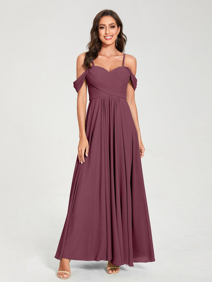 Forme Princesse Mousseline de soie Bretelles spaghetti Manches courtes Longueur ras du sol avec Plissé Robes de demoiselle d'honneur