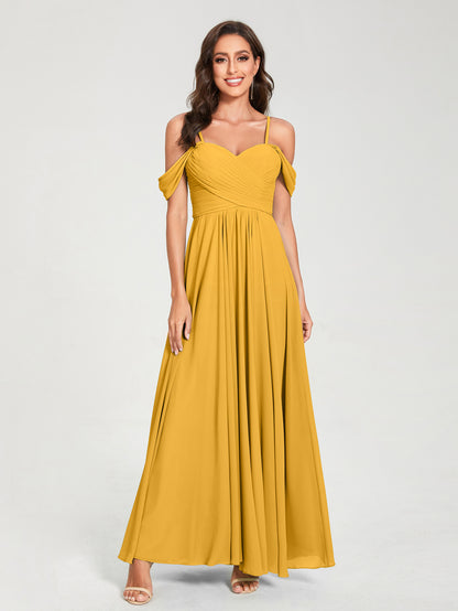 Forme Princesse Mousseline de soie Bretelles spaghetti Manches courtes Longueur ras du sol avec Plissé Robes de demoiselle d'honneur