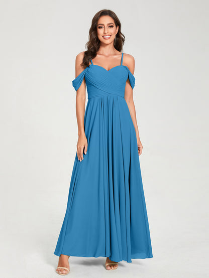 Forme Princesse Mousseline de soie Bretelles spaghetti Manches courtes Longueur ras du sol avec Plissé Robes de demoiselle d'honneur