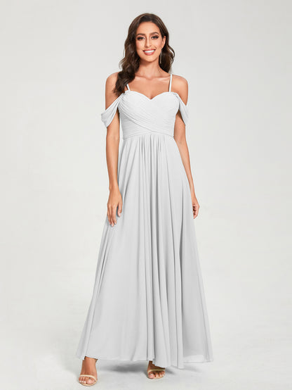 Forme Princesse Mousseline de soie Bretelles spaghetti Manches courtes Longueur ras du sol avec Plissé Robes de demoiselle d'honneur