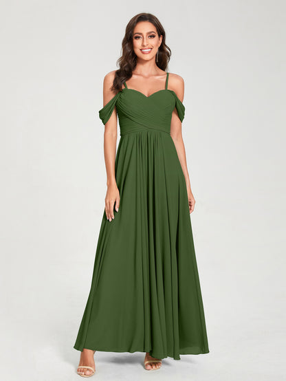 Forme Princesse Mousseline de soie Bretelles spaghetti Manches courtes Longueur ras du sol avec Plissé Robes de demoiselle d'honneur