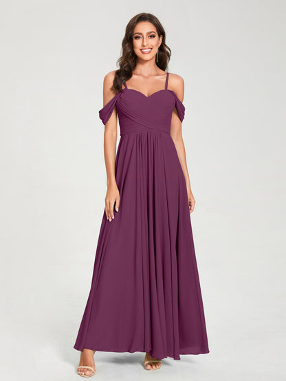 Forme Princesse Mousseline de soie Bretelles spaghetti Manches courtes Longueur ras du sol avec Plissé Robes de demoiselle d'honneur
