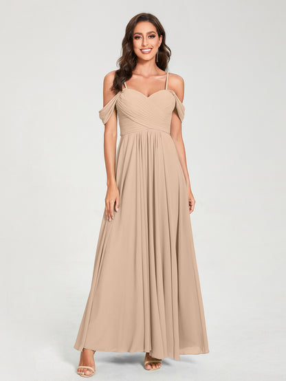 Forme Princesse Mousseline de soie Bretelles spaghetti Manches courtes Longueur ras du sol avec Plissé Robes de demoiselle d'honneur