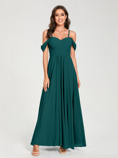 Forme Princesse Mousseline de soie Bretelles spaghetti Manches courtes Longueur ras du sol avec Plissé Robes de demoiselle d'honneur