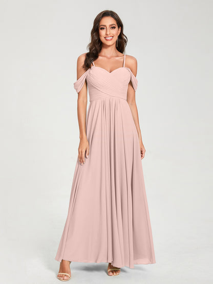 Forme Princesse Mousseline de soie Bretelles spaghetti Manches courtes Longueur ras du sol avec Plissé Robes de demoiselle d'honneur