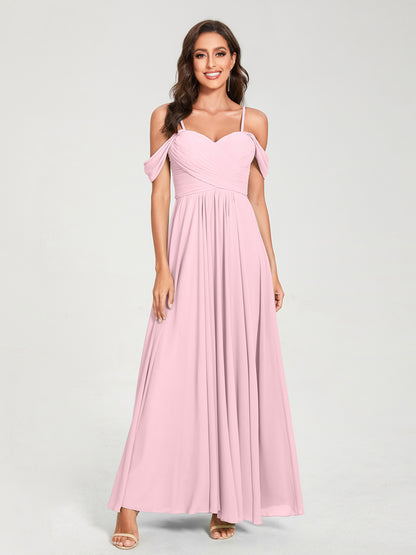 Forme Princesse Mousseline de soie Bretelles spaghetti Manches courtes Longueur ras du sol avec Plissé Robes de demoiselle d'honneur