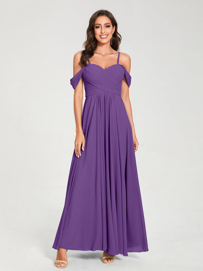 Forme Princesse Mousseline de soie Bretelles spaghetti Manches courtes Longueur ras du sol avec Plissé Robes de demoiselle d'honneur