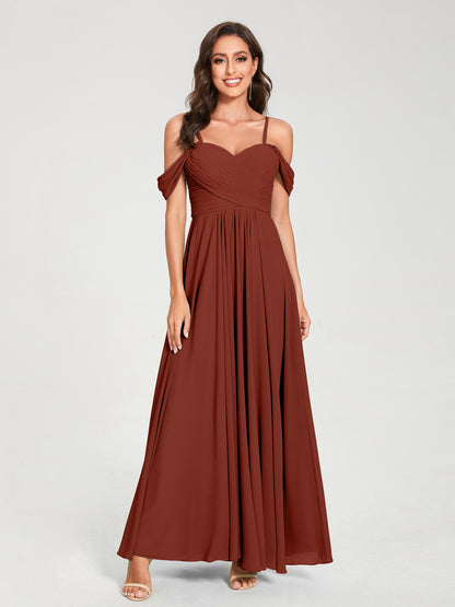 Forme Princesse Mousseline de soie Bretelles spaghetti Manches courtes Longueur ras du sol avec Plissé Robes de demoiselle d'honneur