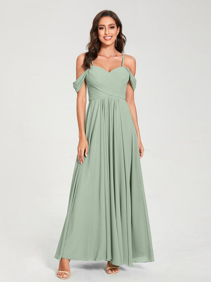 Forme Princesse Mousseline de soie Bretelles spaghetti Manches courtes Longueur ras du sol avec Plissé Robes de demoiselle d'honneur