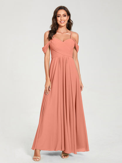 Forme Princesse Mousseline de soie Bretelles spaghetti Manches courtes Longueur ras du sol avec Plissé Robes de demoiselle d'honneur