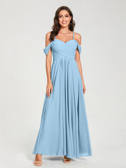 Forme Princesse Mousseline de soie Bretelles spaghetti Manches courtes Longueur ras du sol avec Plissé Robes de demoiselle d'honneur