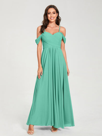 Forme Princesse Mousseline de soie Bretelles spaghetti Manches courtes Longueur ras du sol avec Plissé Robes de demoiselle d'honneur