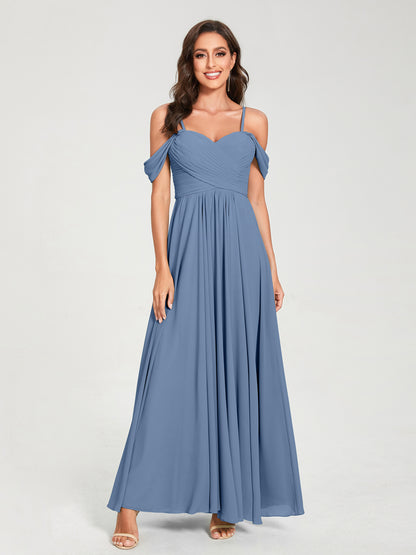 Forme Princesse Mousseline de soie Bretelles spaghetti Manches courtes Longueur ras du sol avec Plissé Robes de demoiselle d'honneur