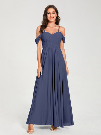 Forme Princesse Mousseline de soie Bretelles spaghetti Manches courtes Longueur ras du sol avec Plissé Robes de demoiselle d'honneur