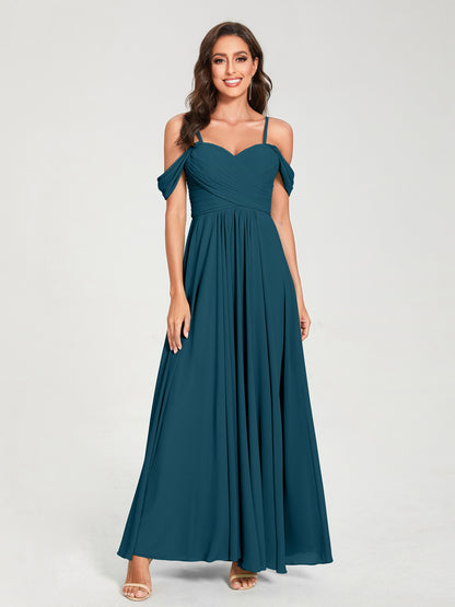 Forme Princesse Mousseline de soie Bretelles spaghetti Manches courtes Longueur ras du sol avec Plissé Robes de demoiselle d'honneur