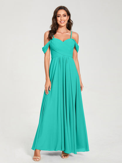 Forme Princesse Mousseline de soie Bretelles spaghetti Manches courtes Longueur ras du sol avec Plissé Robes de demoiselle d'honneur