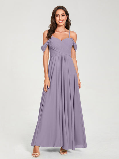 Forme Princesse Mousseline de soie Bretelles spaghetti Manches courtes Longueur ras du sol avec Plissé Robes de demoiselle d'honneur
