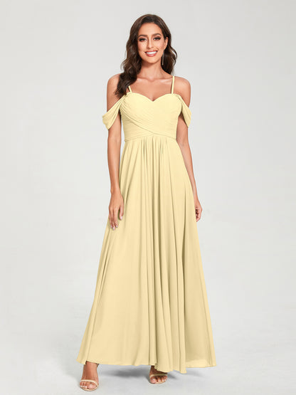 Forme Princesse Mousseline de soie Bretelles spaghetti Manches courtes Longueur ras du sol avec Plissé Robes de demoiselle d'honneur