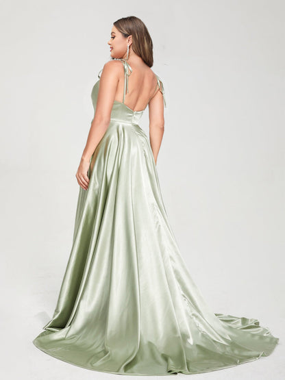 Robe de Demoiselled'Honneur Trapèze à Bretelles Spaghetti, Sans Manches, Longue, en Satin Soyeux, Grande Taille