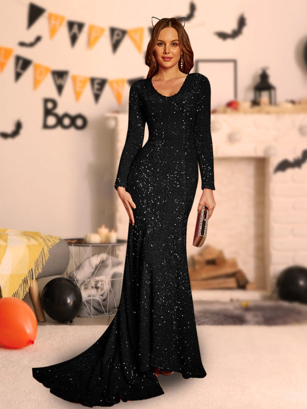 Robe d'Halloween Longue Moulante à Manches Longues et Col En U avec Tr ...