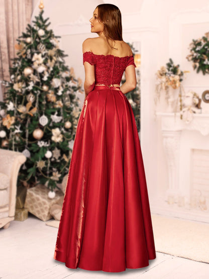 Robe de Noël Longue En Deux Pièces Coupe A-Line/Princesse Épaules Dénudées avec Appliques